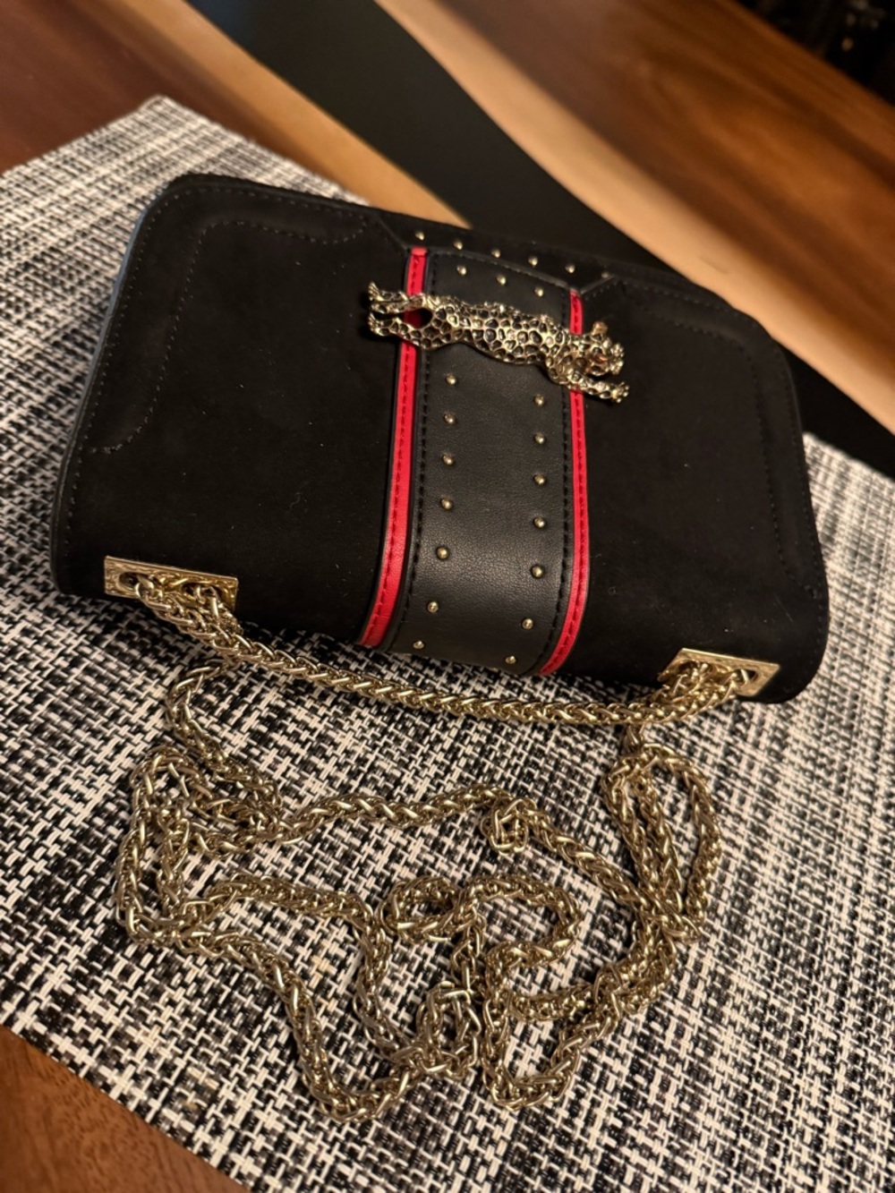 Topshop Panther 🐆 Chain Crossbody Bag | Black Velvet & Studded - Picture 6 of 10
